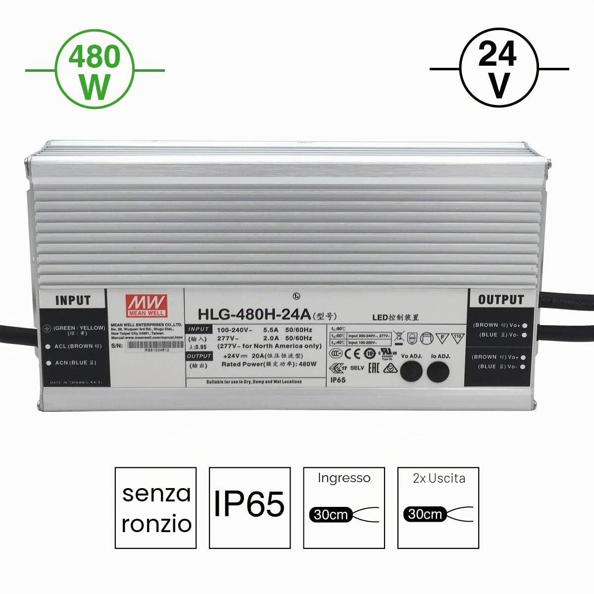 MEAN WELL HLG-480H-24A - Alimentatore LED Mean Well, 480 W, 24 V, IP65, tensione e corrente regolabili 24 V, 480 W