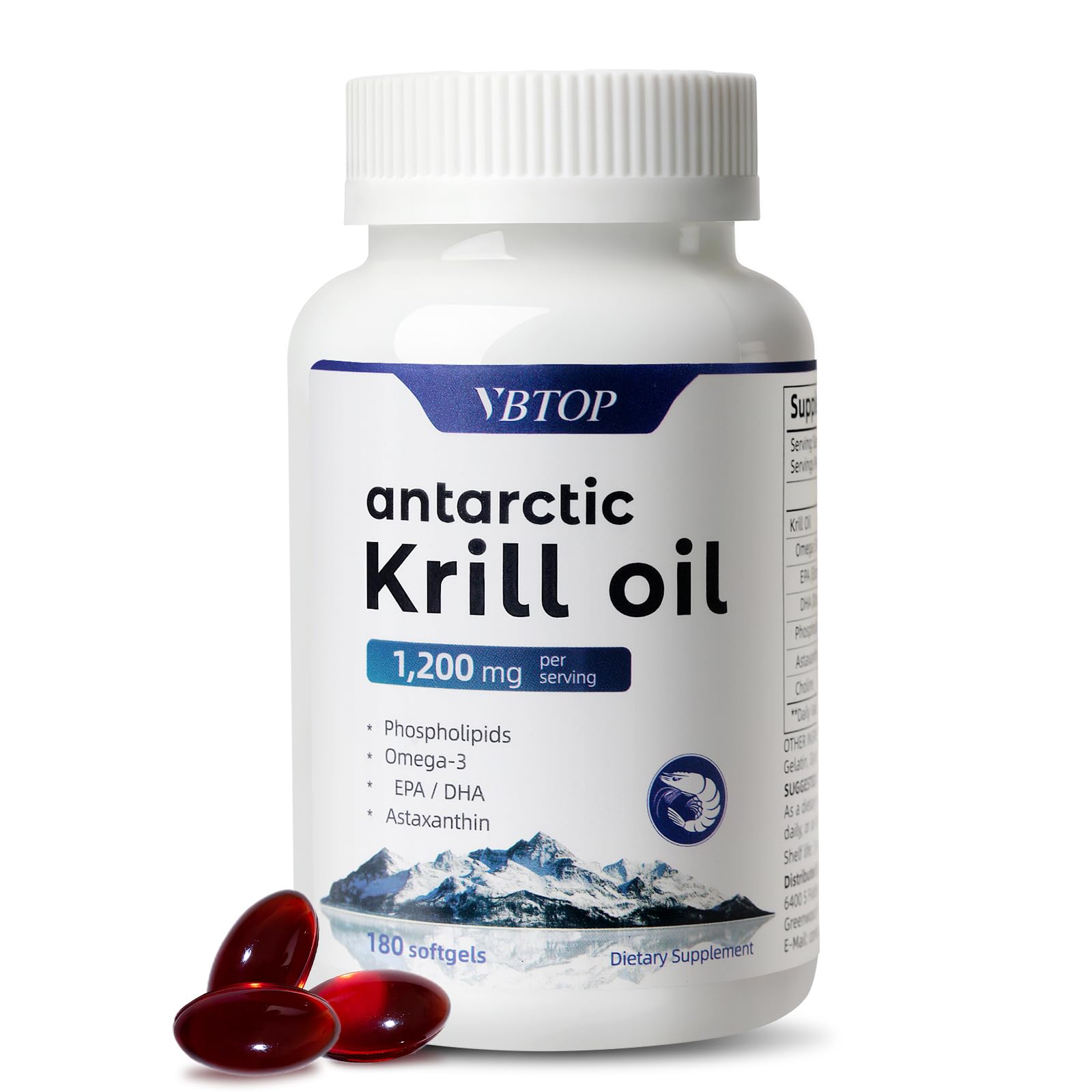 Antarctic Krill Oil 1200mg, Omega-3 EPA DHA, Astaxanthin, 180 Softgels 1 bottle