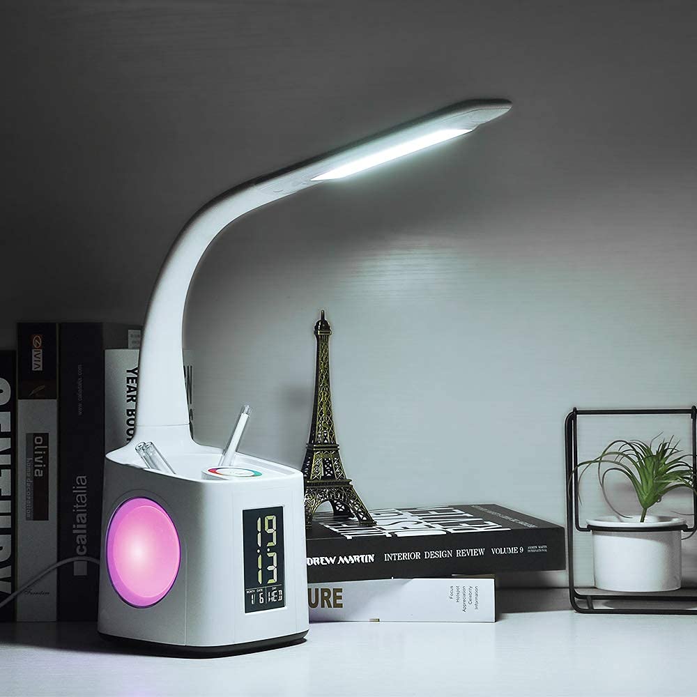 Lampada da tavolo LED per eyeliner, lampada da tavolo da studio, porta di ricarica USB, luce d'atmosfera notturna, con porta penna/display ora/calendario, lampada da lettura per bambini, 10 W