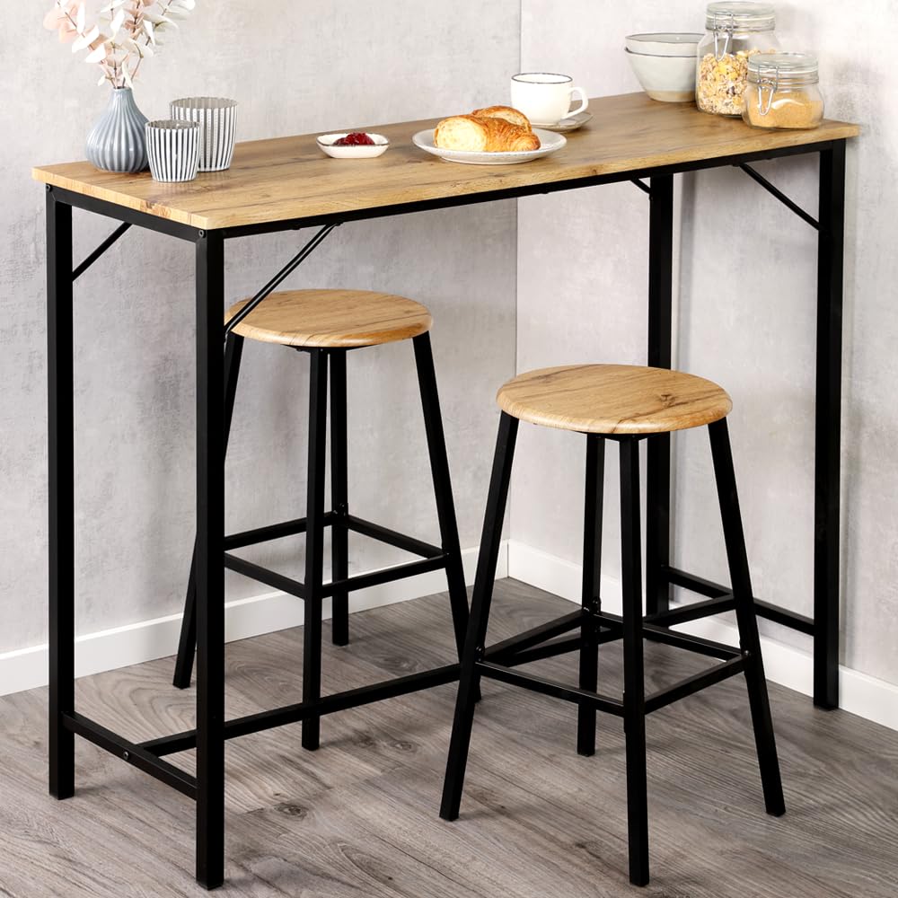 Kesper | Küchenbar 3-teilig | Tisch & 2 Hocker | Metallgestell | FSC®-Faserplatte Eiche-Optik | Platzsparend & stabil | Tisch 110×40×88 cm | 1597813