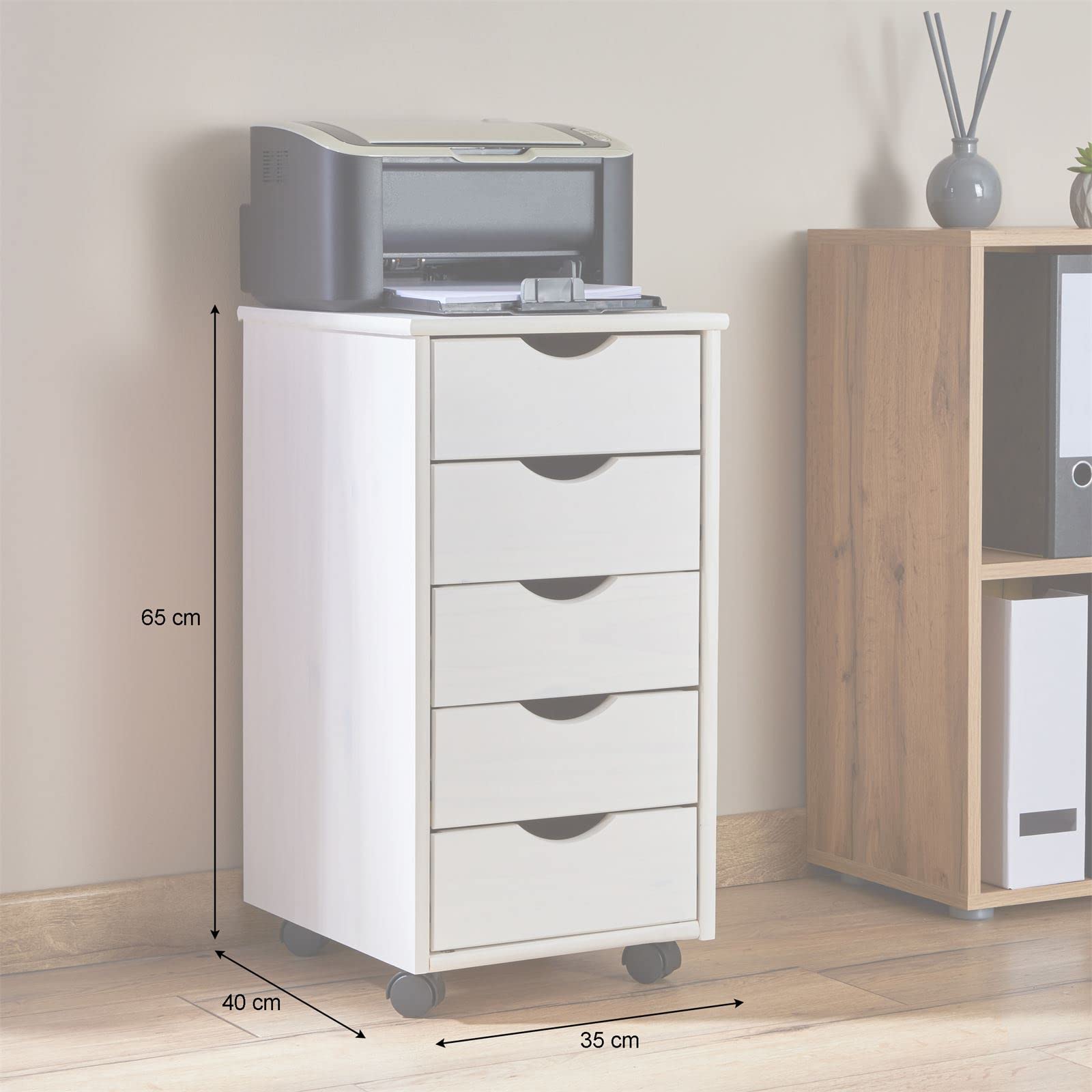 IDIMEX Caisson de Bureau Lagos Meuble de Rangement sur roulettes avec 5 tiroirs, en pin Massif lasuré Blanc