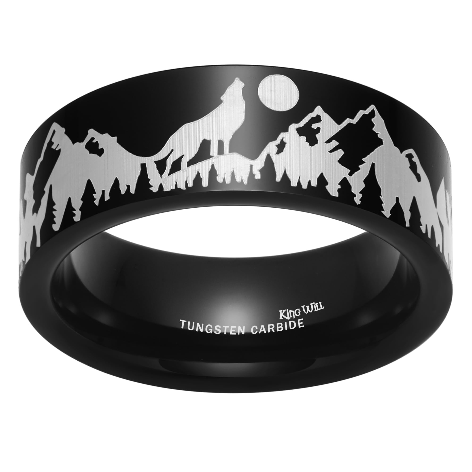 King WillMens 6mm 8mm Black Silver Tungsten Carbide Wedding Bands Inlay Lasered Seagull/Forest Landscap/Panda/Deer/Hunting/Fly Fishing Brushed Wedding Rings for Men Women