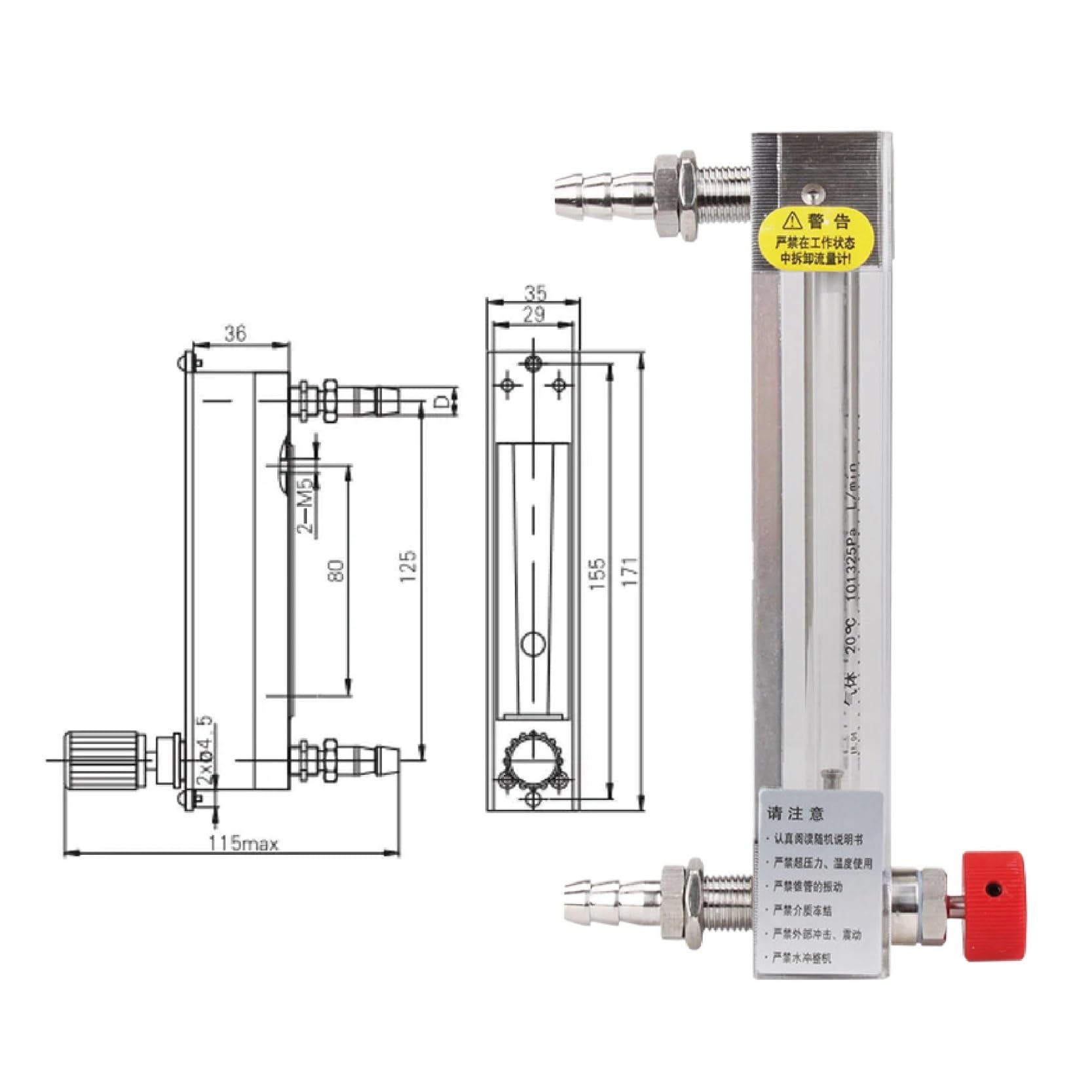 Rotámetro de Tubo de Vidrio LZB-6WB, medidor de Flujo de Aire, líquido y Agua, medidor de Flujo de Flotador Ajustable for Uso Industrial(1-10L-min)