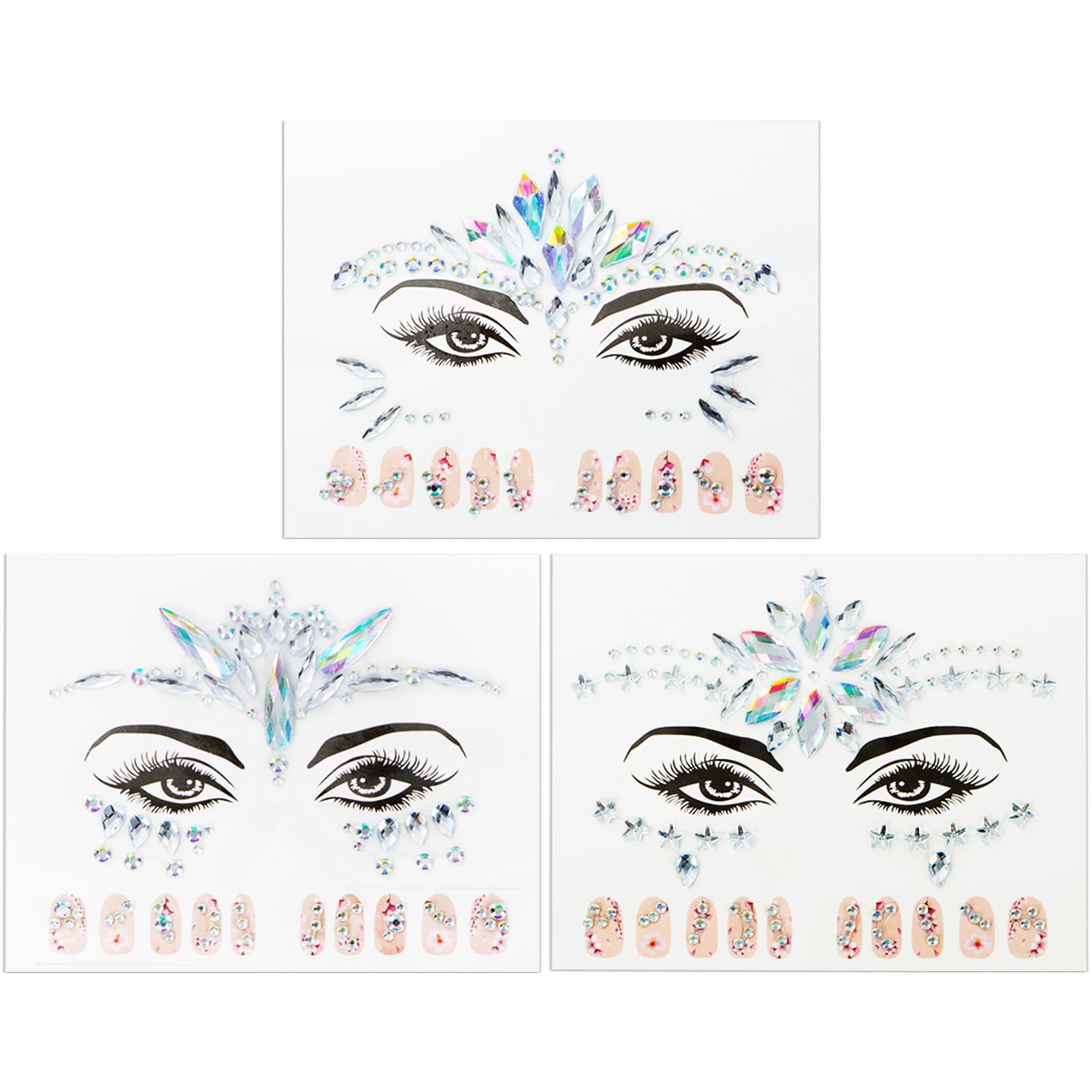 GEBETTER 3 Hojas Pegatinas Brillantes Cara Uñas Festival, Brillos Gemas Faciales Adhesivas, Accesorios Maquillaje Carnaval Halloween Fiesta Cumpleaños Regalo Niña Mujer Despedida Soltera (Blanco)