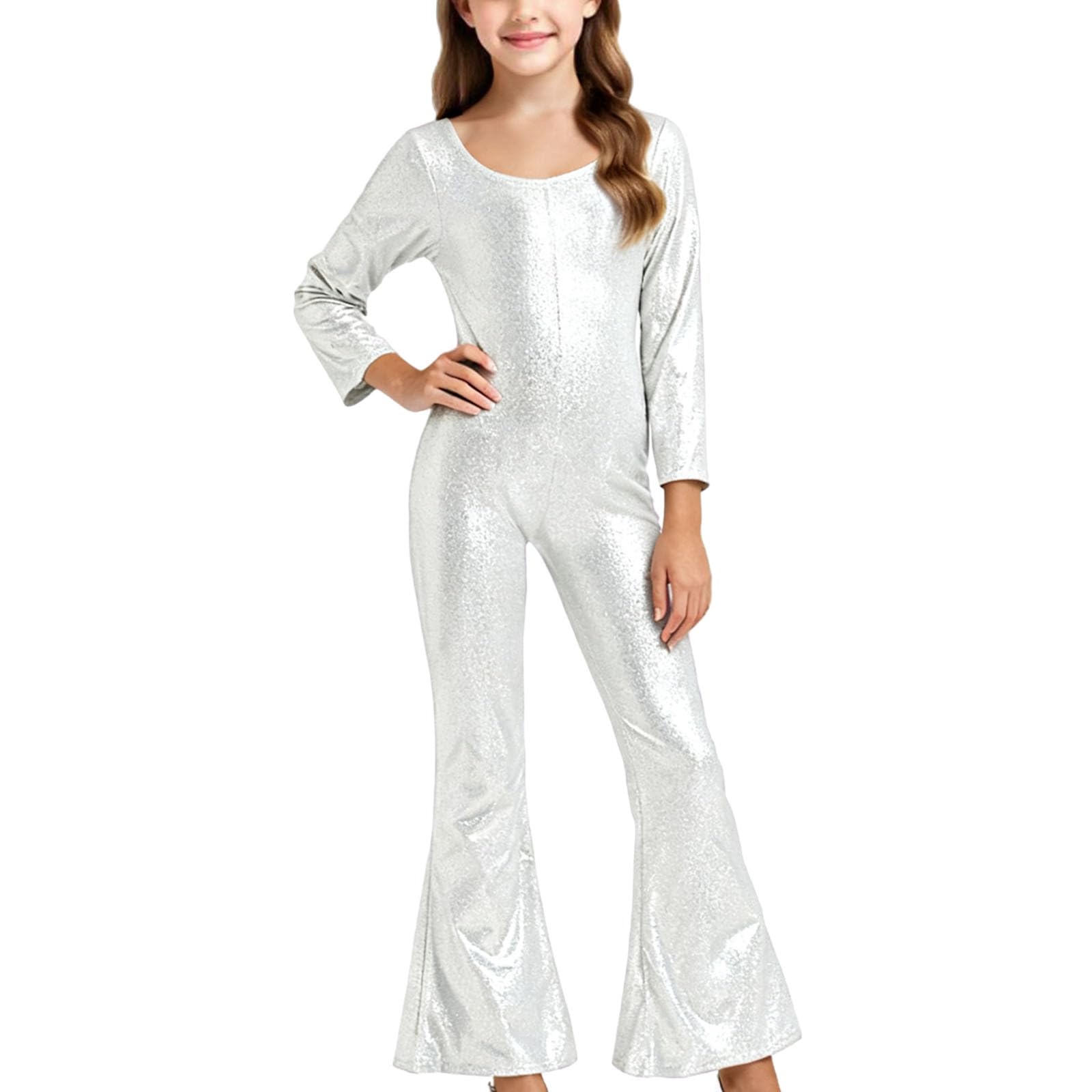 AMhomely Party Jumpsuits for Girls-Kids Teens Metallic Disco Funky Dance Costume,Long Sleeve Overalls Flared Wide Leg Trousers,Full Length Unitard 70s Hippie Dress Up A Silver 9-10 Years