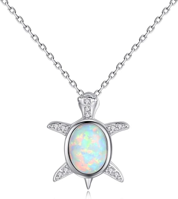 VIKI LYNN Women Girls 925 Sterling Silver Created Opal Baby Sea Turtle Necklace