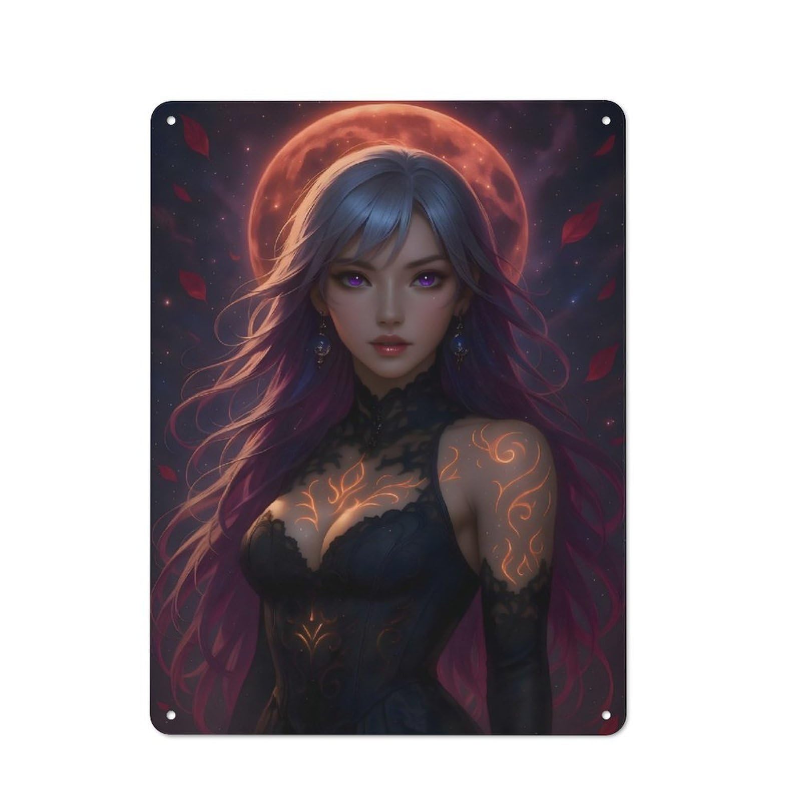 Distressed Look Mystic Woman Under Crimson Moon Decorative Tin Sign 40x30cm, Retro Room Decor for Lounge, Study, Pub Or Wall Gallery