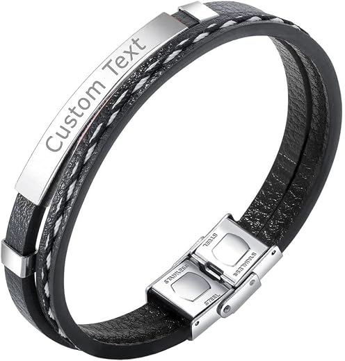 ZIVOM® Stainless Steel Customized Personalised Laser Engraved Leather Wrist Band Id Bracelet Men