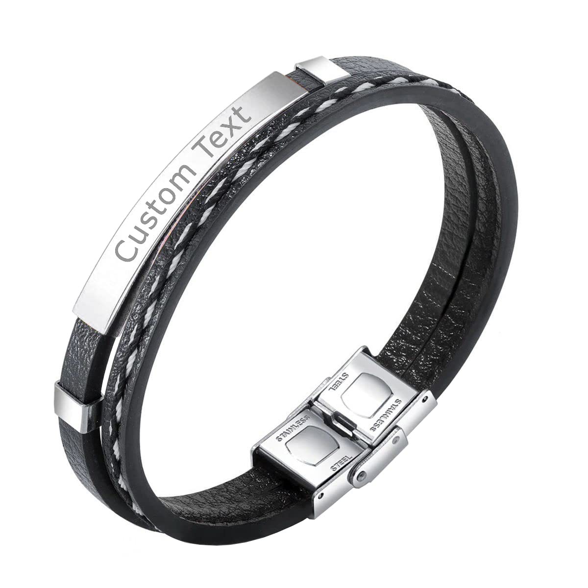 ZIVOM® Stainless Steel Customized Personalised Laser Engraved Leather Wrist Band Id Bracelet Men
