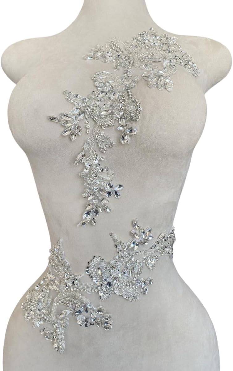 Handmade Rhinestones Bodice lace Applique handsewing Beads Sequins Trim Patches for Dress Clothes Accessories one Set/Bag 5.5X14inches