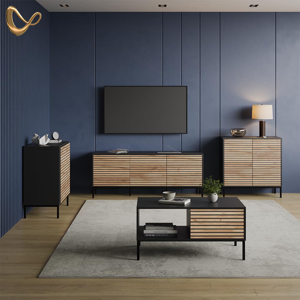 Livinity Lowboard Aterno Goldkraft Eiche/Anthrazit | mit 3 Schubladen