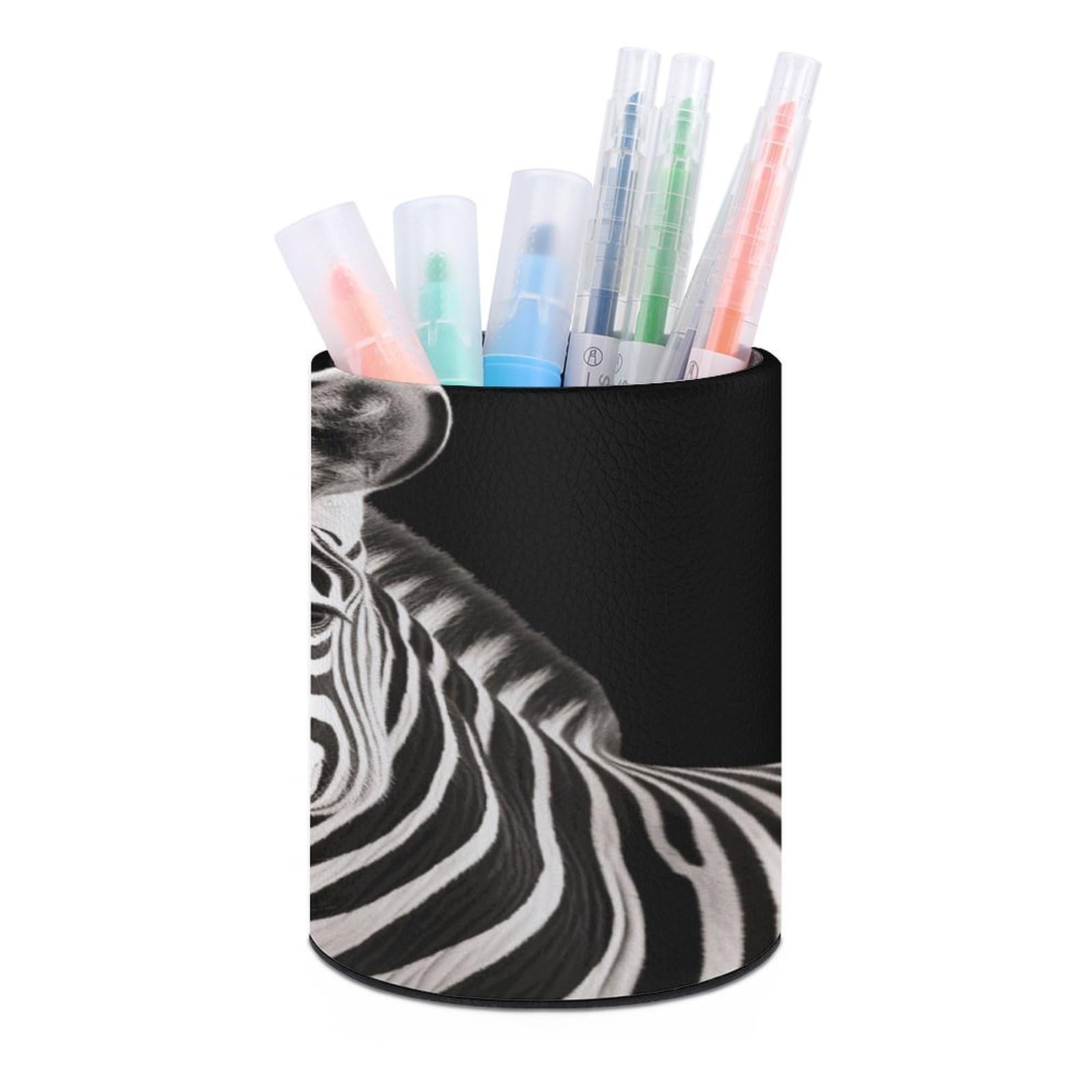 FekiLoot Round Zebra Pen Holder for Desk PU Leather Waterproof Pencil Cup Stand Minimalist Makeup Brush Storage Organizer Desktop Stationery Container Accessorires