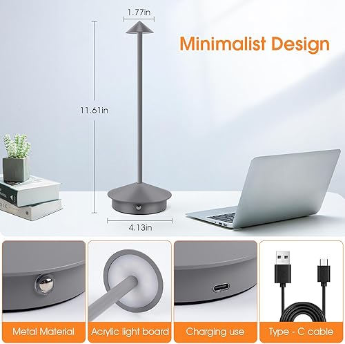 Miniatura 7 de Lámpara de mesa inalámbrica, LED táctil, recargable, portátil, 6000 mAh, funciona con pilas, 3 niveles de brillo regulable, lámparas de escritorio