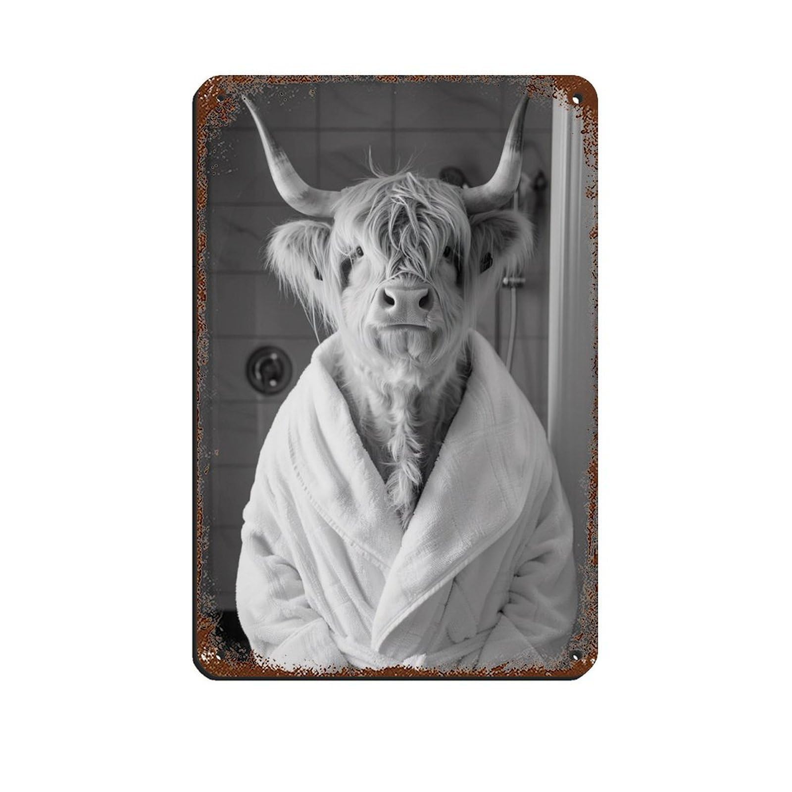 Highland Cow in A Bathrobe, Funny Bathroom Art (3) Retro Poster Metal Tin Sign Chic Art Retro Iron Painting Bar People Cave Cafe Family Garage Poster Wall Decoration 8x12inch(20x30cm)