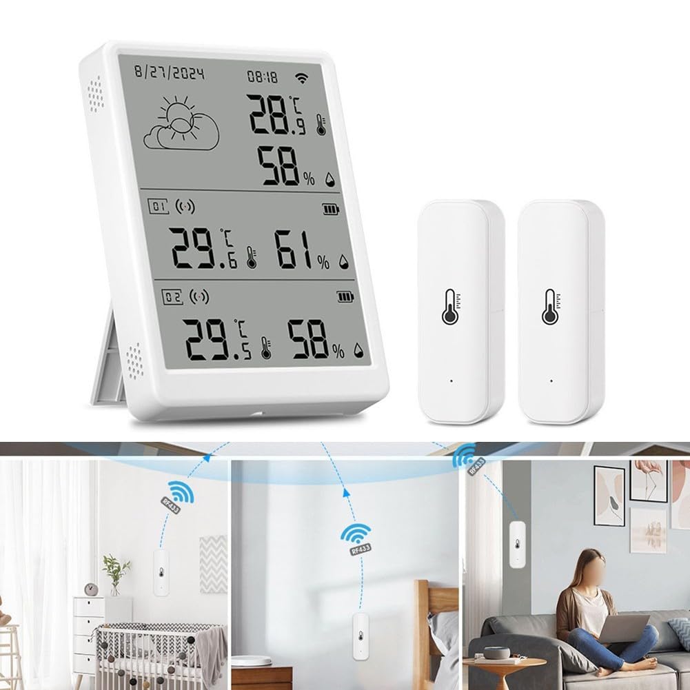 Sensor de humedad WiFi LCD compatible con Tuya, rango de 100 m, soporta múltiples sensores, monitoreo remoto (1 monitor + 4 sensores)