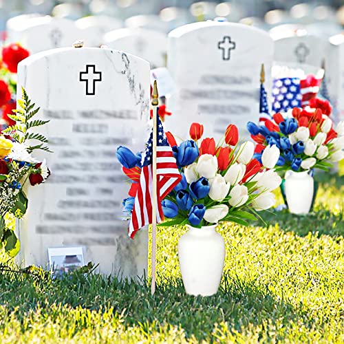 Obbsie Patriotic Artificial Tulip Flowers, 13" Fake Red White And Blue Memorial Tulips Bouquet 4Th Of July Memorial Day Cemetery Flowers Arrangements For Grave Vase Home Party Decor #TOP5