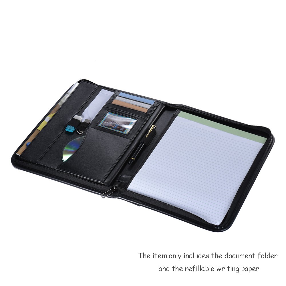 Portefeuille d'affaires professionnel Padfolio dossier A4 en cuir PU fermeture à glissière avec calculatrice porte-carte de visite bloc-notes organisateur de documents