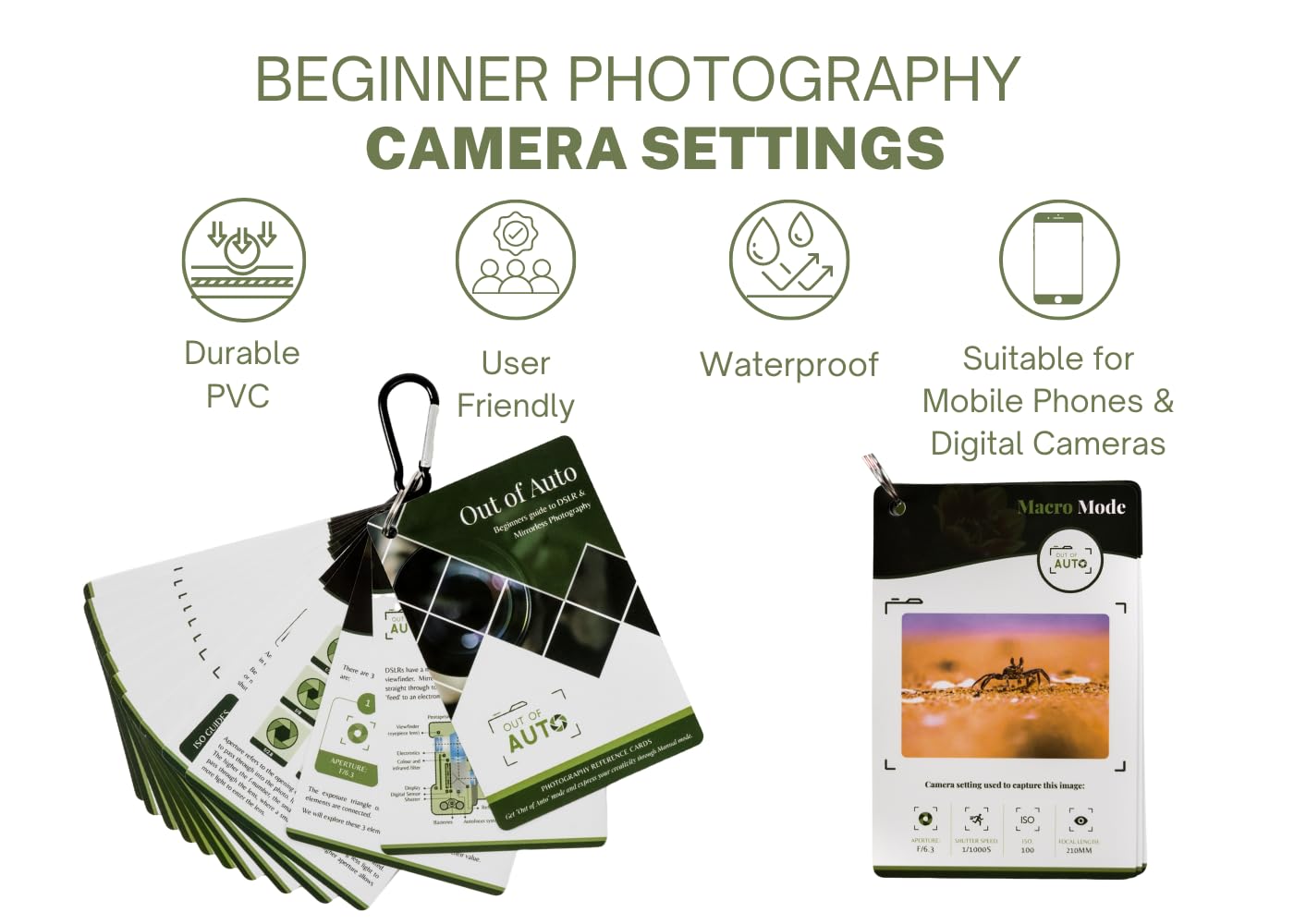 Tarjetas de trucos de fotografía DSLR, tarjetas de referencia rápida de cámara digital por Out of Auto, ajustes de fotografía para principiantes y cómo disparar en modo manual, para todos los modelos