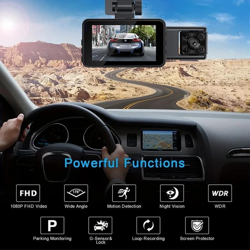 Diagram illustrating the powerful functions of the dashcam including FHD, Wide Angle, Motion Detection, Night Vision, WDR, Parking Monitoring, G-Sensor, Loop Recording, and Screen Protector.