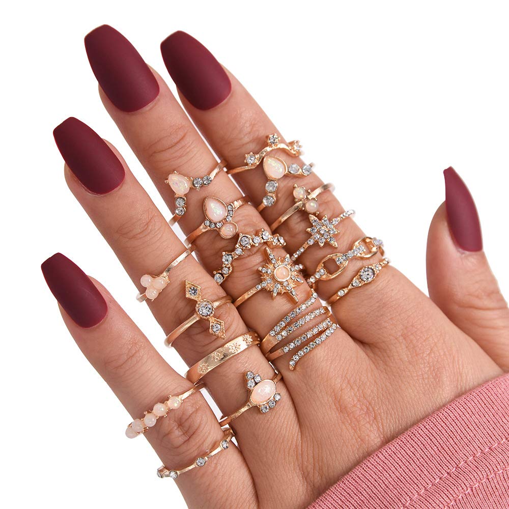Juego de 17 anillos apilables de nudillos de cristal bohemios, dorados, vintage, apilables, para mujer, Metal, Sin piedras preciosas 3