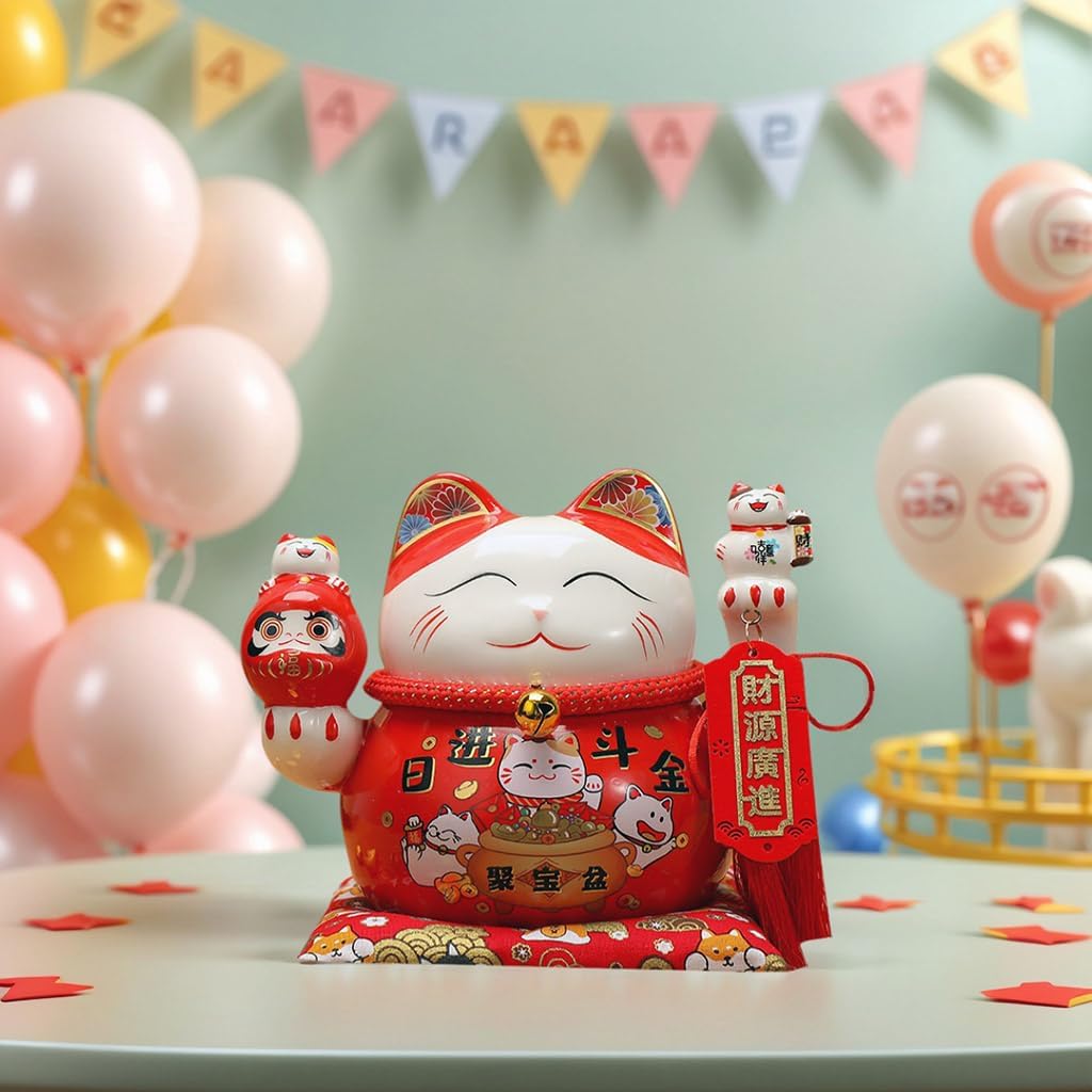 Lucky Statue Cat Figurines Chinese Ceramic Lucky Statue Cat Piggy Bank Japanese Money Fortune Cat Gift Decorations for Store Company Opening (CQG65)