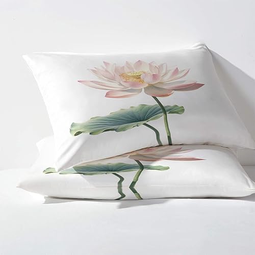 Miniatura 3 de Lotus Sábanas tamaño Queen, sábanas de hoja de loto, sábanas y fundas de almohada estampadas de 4 piezas, sábana bajera ajustable de microfibra