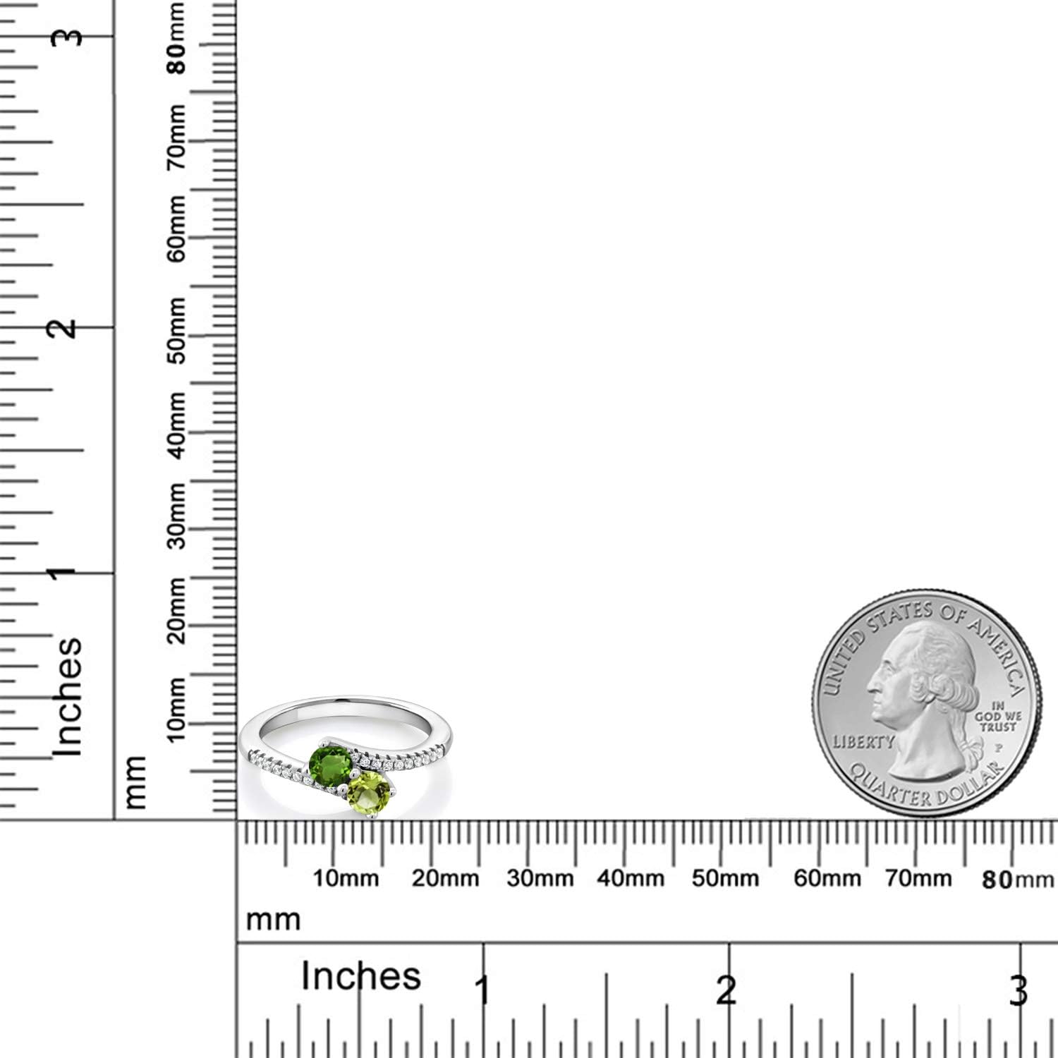 Gem Stone King Two-Stone Bypass Ring for Women in 925 Sterling Silver | 4MM Round Gemstone Birthstone and Green Peridot | Crossover Anniversary Engagement Wedding Promise Ring | Sizes 5, 6, 7, 8, 9