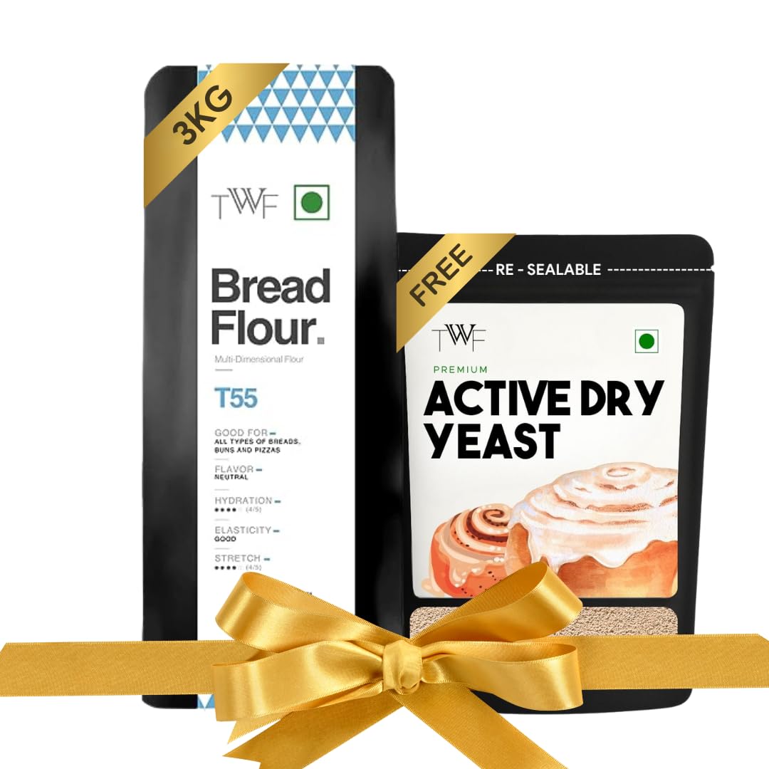 TWF Bread Flour T55 - Buy 3 kg Bread Flour, Get 100g Yeast Free | Premium Unbleached All Purpose Flour for Breads, Buns & Pizzas | Ideal for Home Baking | Bake Perfect Breads Everytime