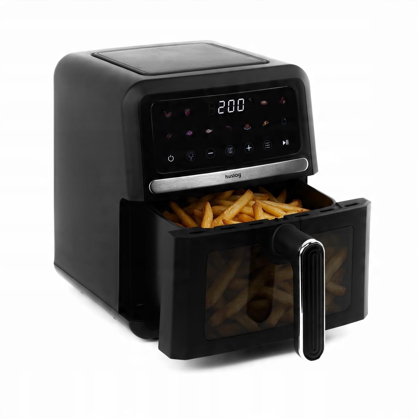 Freidora de Aire 5L 1500W, Air Fryer sin Aceite con 10 Programas Automáticos, 40–200°C, Pantalla LED Táctil, Cesta y Rejilla, Ventana de Visualización, Fácil Limpieza, Compacta, Negro