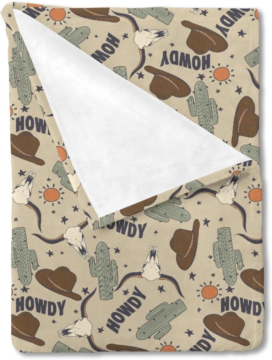 HawSkgFub Western Cowboy Hat Howdy Cactus Baby Blankets Boy Shower Gift, Boho Wild West Sun Flannel Fleece Nursery Bed Receiving Swaddle, Soft Lightweight Newborn Infant Toddler Kid Crib Bedding 40x50