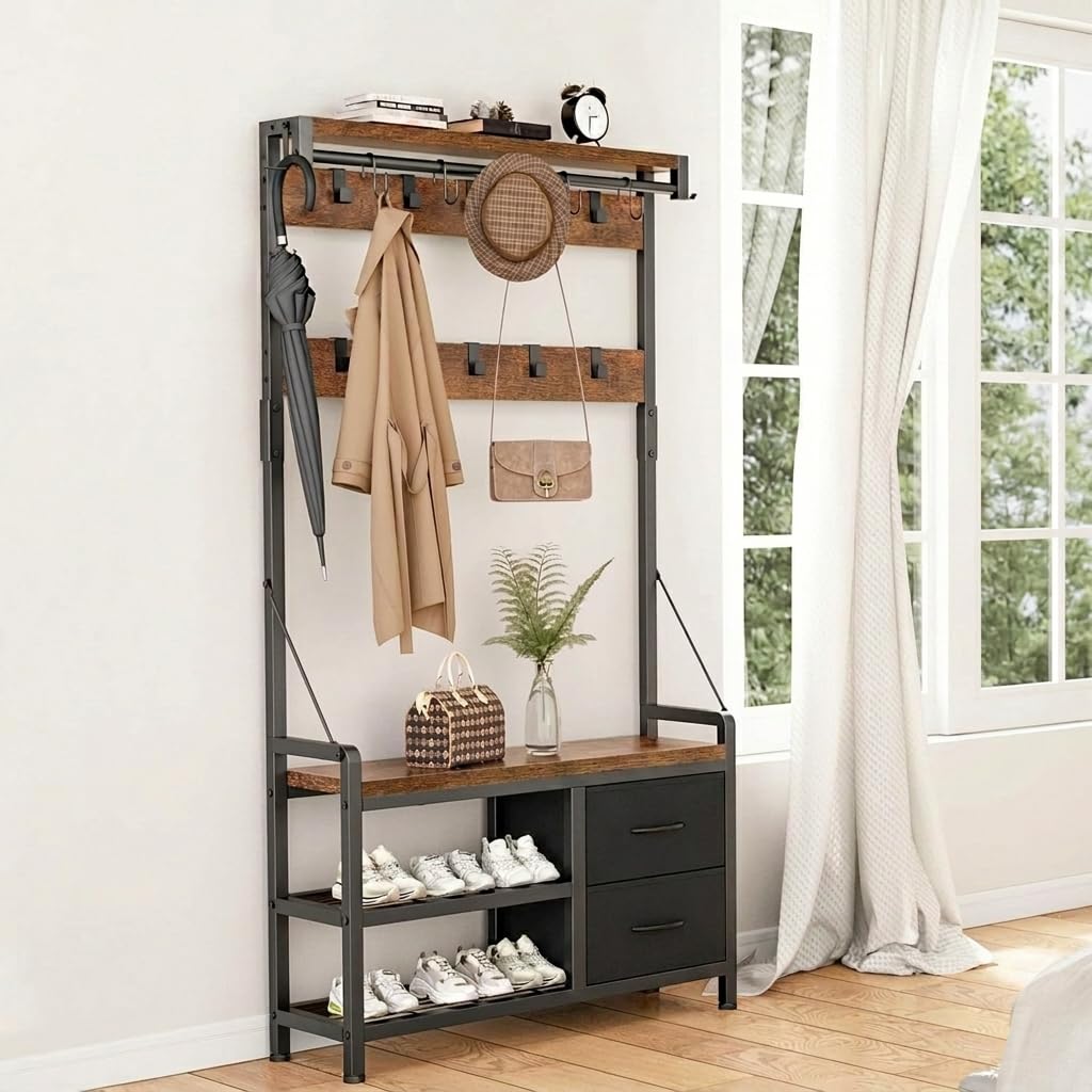 EGGREE Porte-Manteau avec Étagère à Chaussures, Meuble d’Entrée avec 15 Crochets Amovibles, 2 Tiroirs, Design Séparable, 6-en-1 Vestiaire, Style Industriel, 80 x 30 x 180 cm, Marron Rustique et Noir