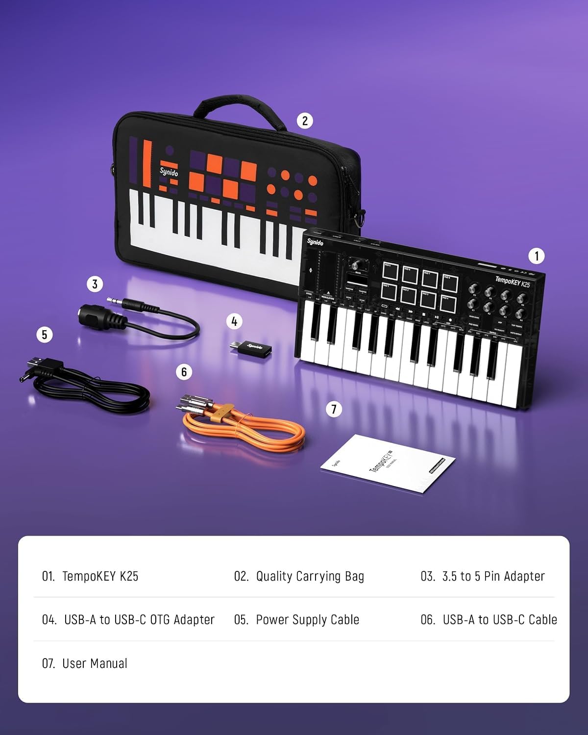Synido 25 Tasten USB MIDI Keyboard Controller mit 8 Drum Pads, Professionelle Mini Midi Keyboard mit OLED Bildschirm, Beat Maker Maschine für Musikproduktion, Schwarz, TempoKey K25