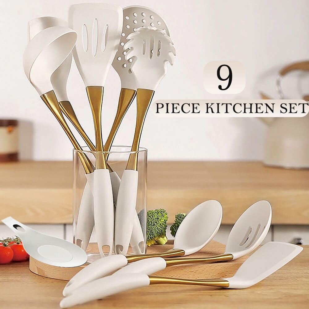 Juego de utensilios de cocina de silicona, 9 piezas, dorado y blanco, utensilios de cocina universales