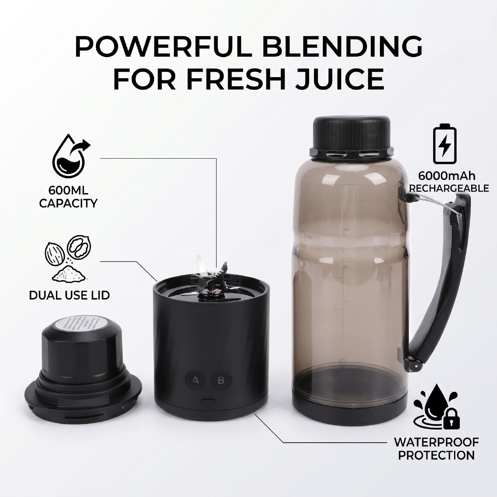 ASHATA Mini Batidora de Vaso 600ml con Tapa Versátil (BLACK)