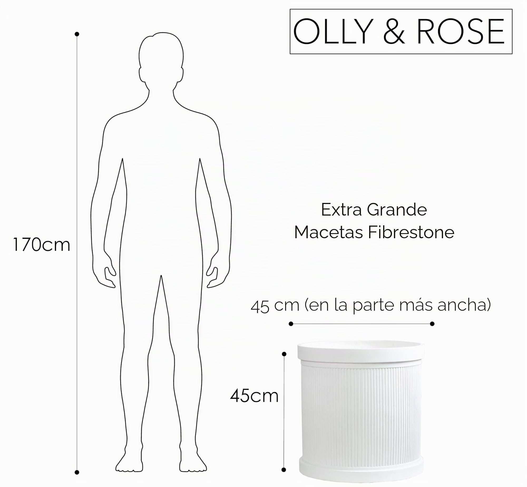 Olly & Rose Maceta de fibra acanalada XL de 45 cm, color blanco mate