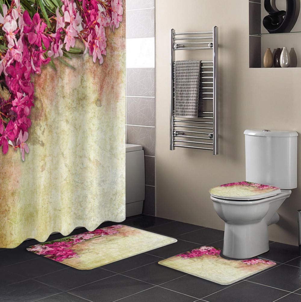 Set Tenda Doccia 4 Pezzi Con Frasi Motivazionali, Design Floreale Country Marrone, Con Tappetino E Copriwater