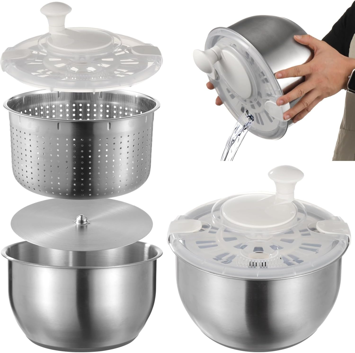 Vegetable Strainer Lettuce Spinner Set, Stainless Steel Salad Large, Fruit Straining Spinner with Self-Locking Lid