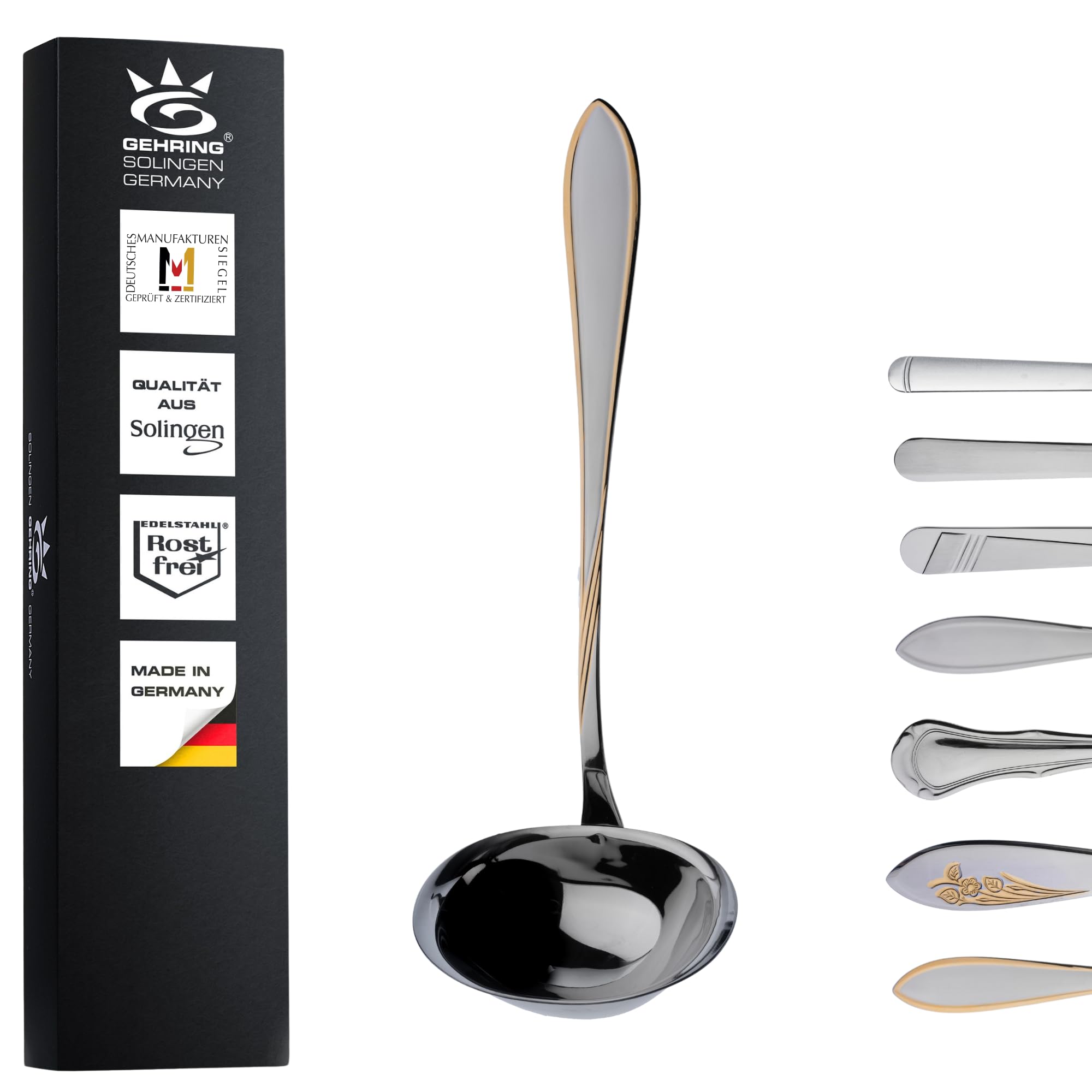 Gehring Solingen Focus Louche à soupe décorative plaquée or I Louche à soupe en acier inoxydable 18/10 I Louche à sauce I Passe au lave-vaisselle I Fabriqué en Allemagne