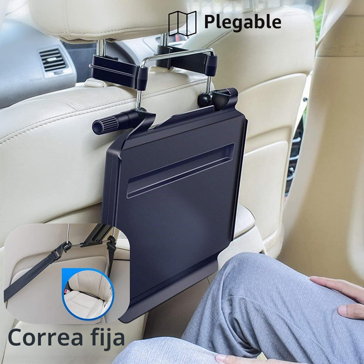 Bandeja para volante de coche 2 en 1, bandeja para reposacabezas de asiento trasero para comer alimentos, bebidas y escribir trabajo en laptop, escritorio negro para coche