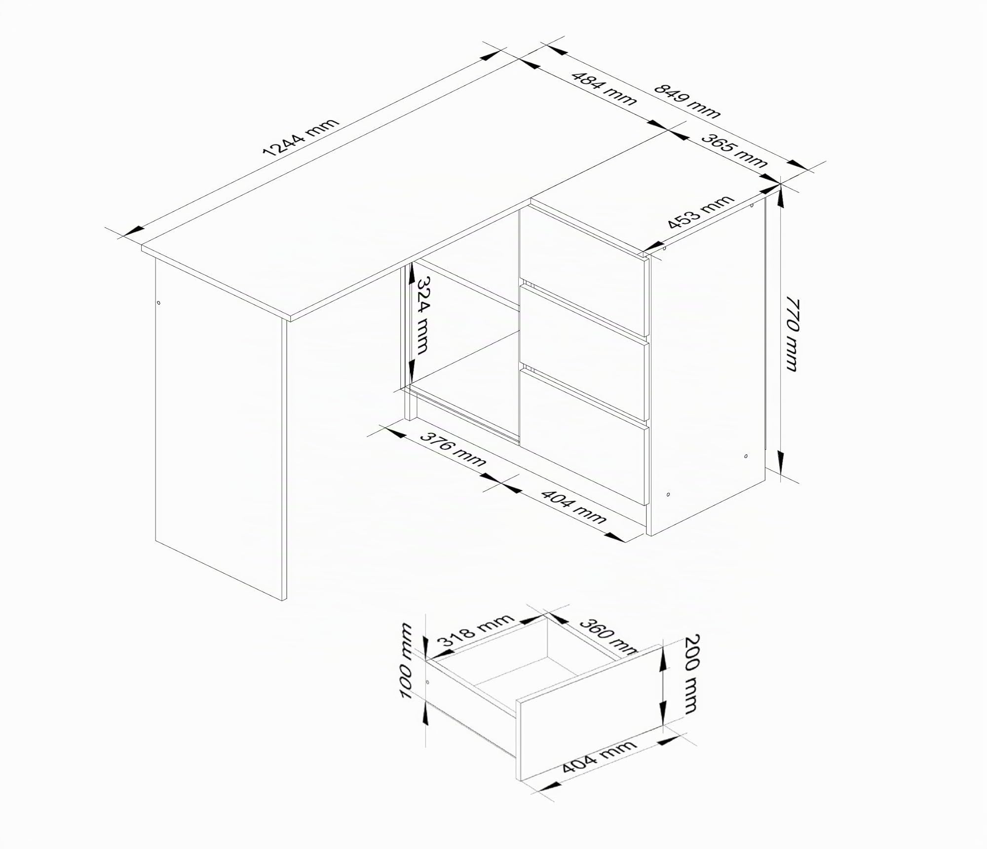 Escritorio esquinero AKORD B16 Roble Sonoma 124 cm con lado derecho 3 cajones frente en color Blanco 2 estantes 124x85x77 cm