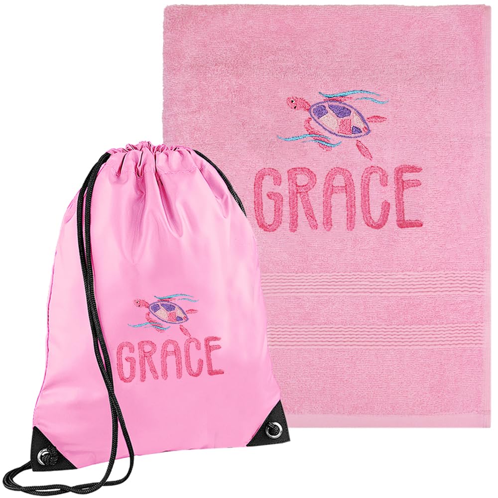 TeddyT's Personalised Sea Turtle Pink School Swimming Towel & Gym P.E. Bag Set