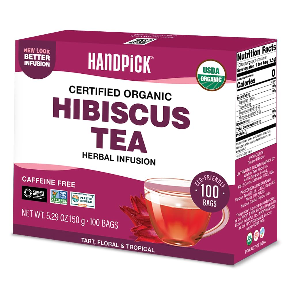 HANDPICK, Organic Hibiscus Tea Bags (100 Tea Bags) | Caffeine-Free, 100% Natural Pure Indian Hibiscus Flowers | Ayurvedic Benefits in every sip