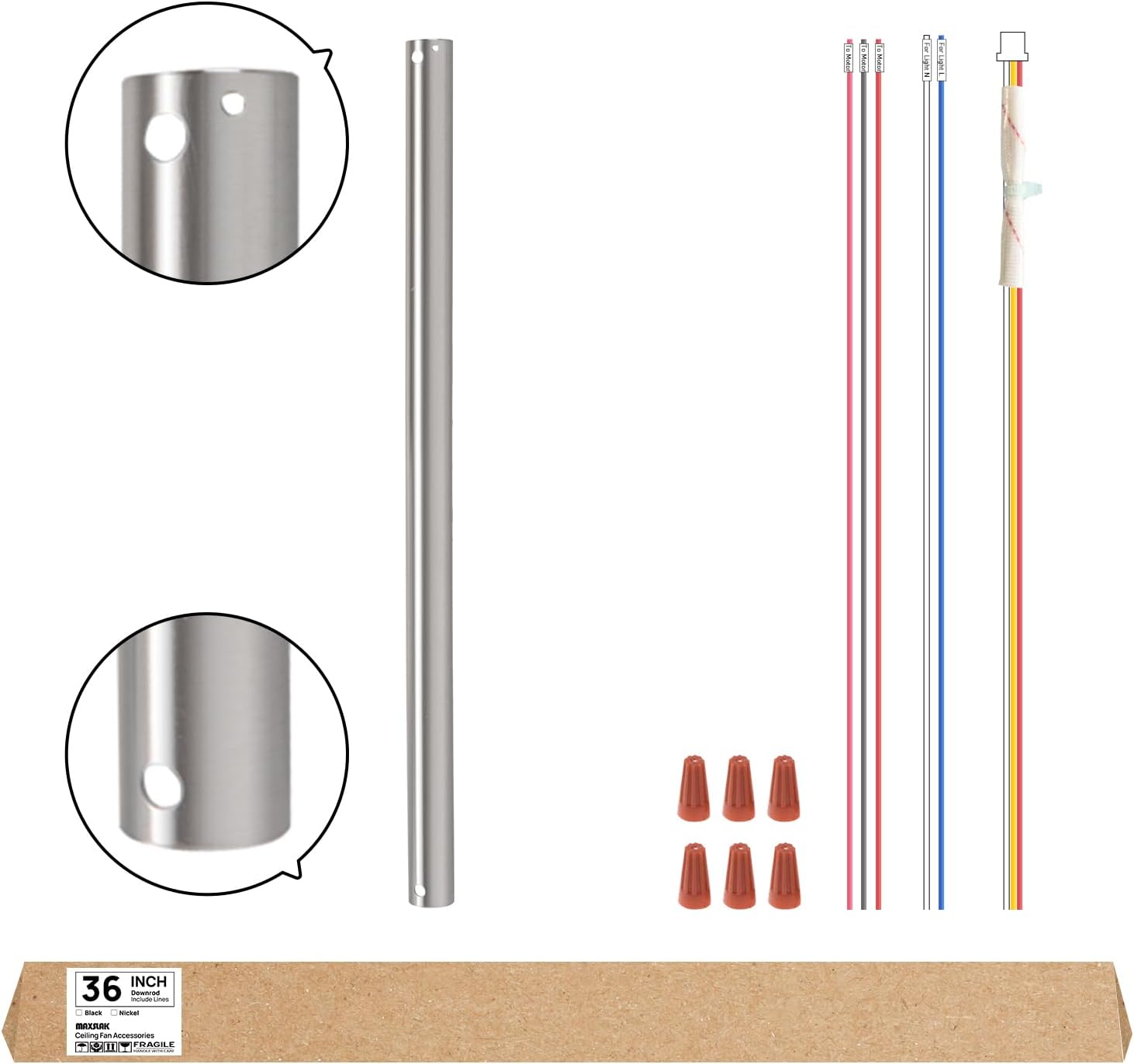 36 inch Ceiling Fan Downrod,36" Height Ceiling Fan included 9 Extension Wire for Wide Range of Fans Downrod, Unthreaded,Dia 1.02'',Brushed Nickel 36 Brushed Nickel
