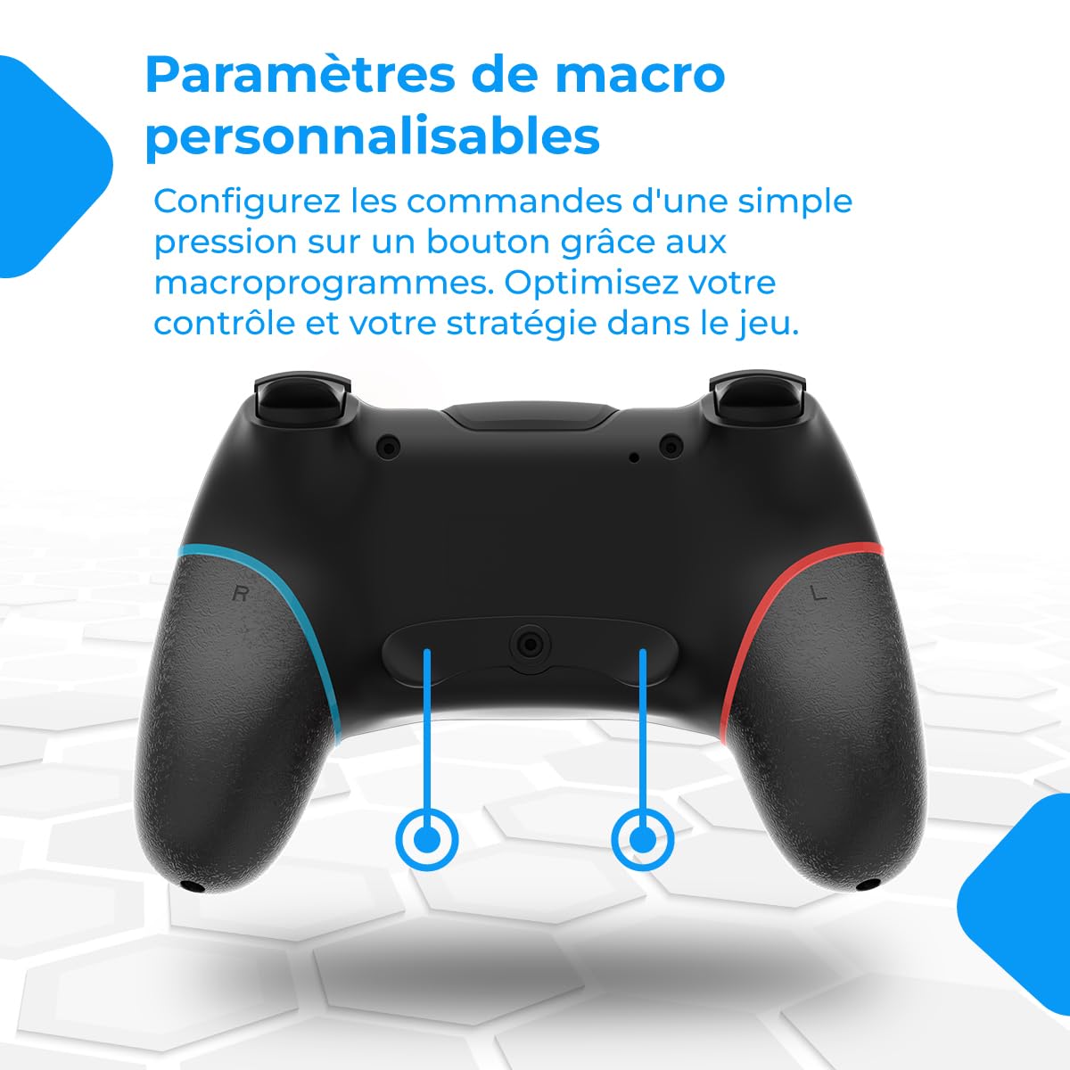 NK Manette Sans fil – Compatible avec Switch/Switch 2/OLED/Lite/Pro avec fonction Wake, réglages macro, Bluetooth, 6 axes, fonction turbo, double choc, double vibration - Couleur noire (rouge et bleu)