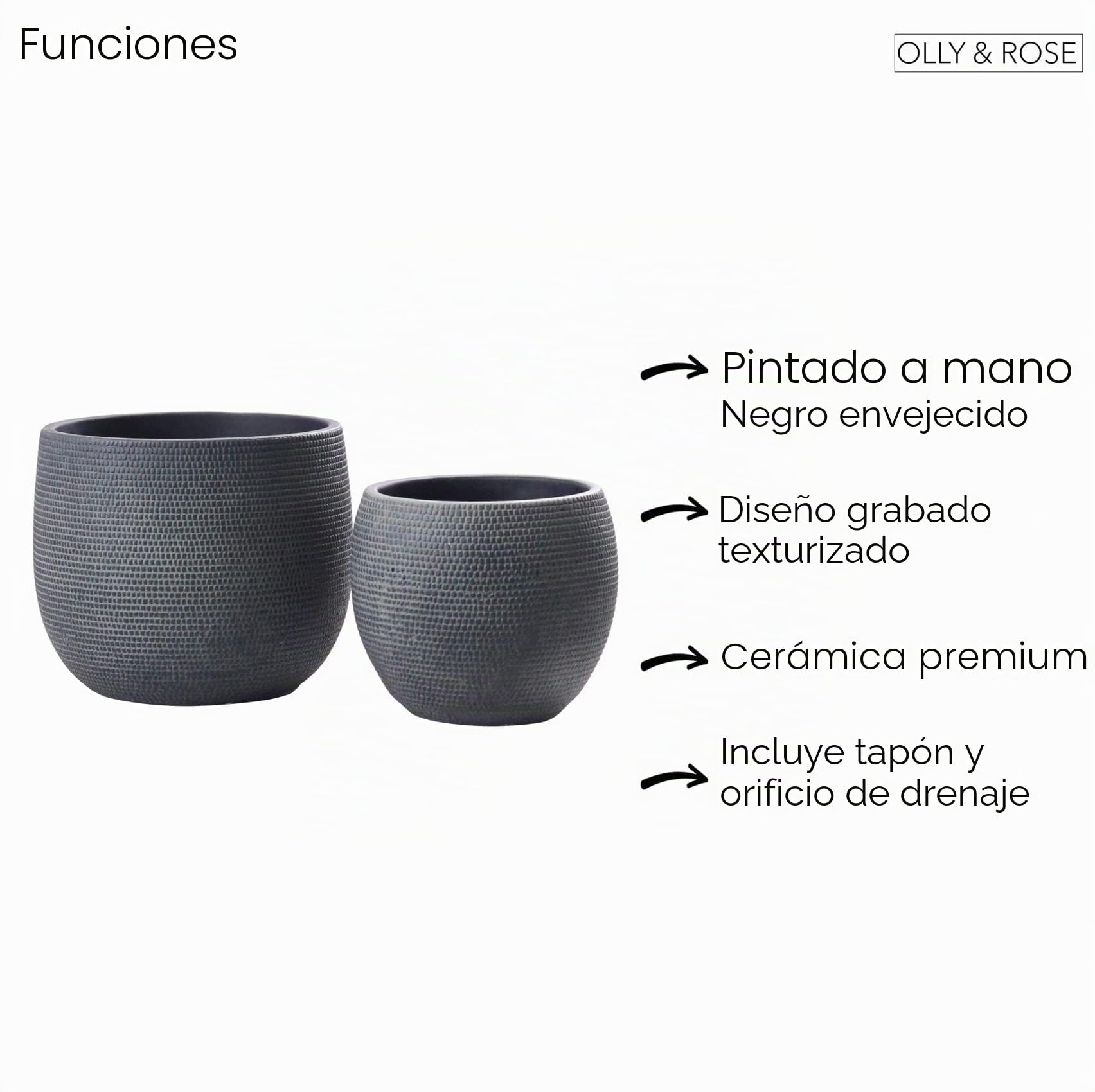Olly & Rose Barcelona - Juego de 2 macetas de cerámica para Interiores y Exteriores (Negro)