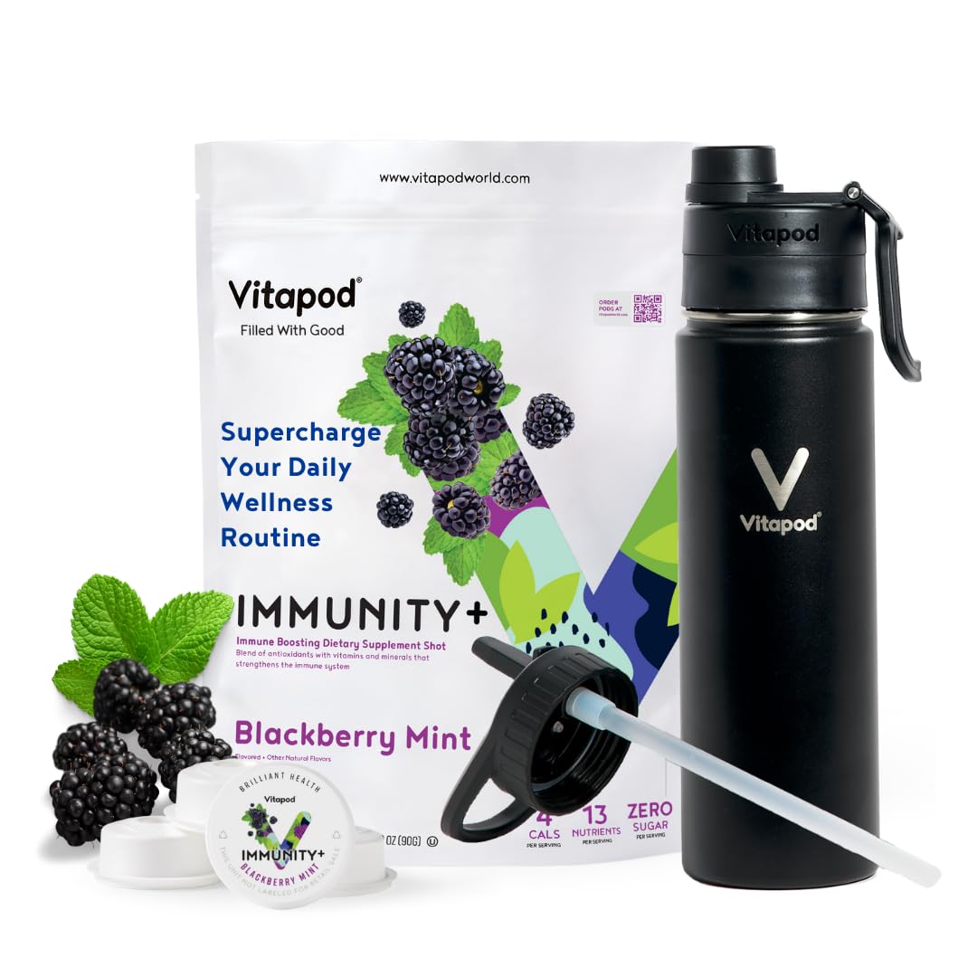 Vitapod Immunity+ BlackBerry Mint Flavored Water Enhancer Pods Starter Bundle, Water Flavoring, Sugar Free, Zinc, Iron, Vitamin C, Vitamin D, 30 Pods, 22 oz Stainless Steel Water Bottle, Black