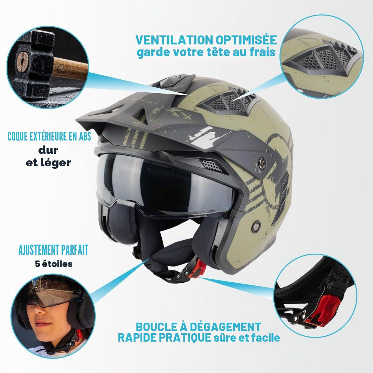 VINZ Shikoku Casque Jet / Streetfighter | Homologué ECE 22.06 | Casque Moto | Casque Scooter avec Écran Solaire Intégré | Casque Jet avec Mentonnière Amovible