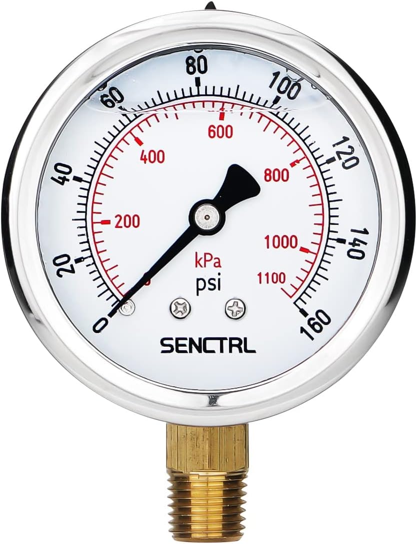 SENCTRL 0-160 Psi Glycerin Liquid Filled Air Pressure Gauge, 2.5" Dial Size, 1/4" NPT Lower Mount, Stainless Steel Case, Water Pump, Tire, Large Air Compressor, Well Pump, RV Regulator Pressure Test