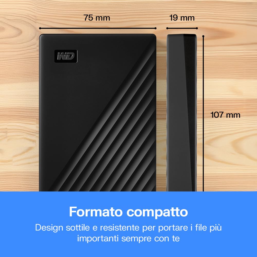 WD 5TB My Passport Hard Disk Esterno Portatile, USB 3.2 Gen 1/USB 3.0, Protezion con password, Software per la gestion e il backup, Formatto per Windows, ChromeOS and MacOS, Nero
