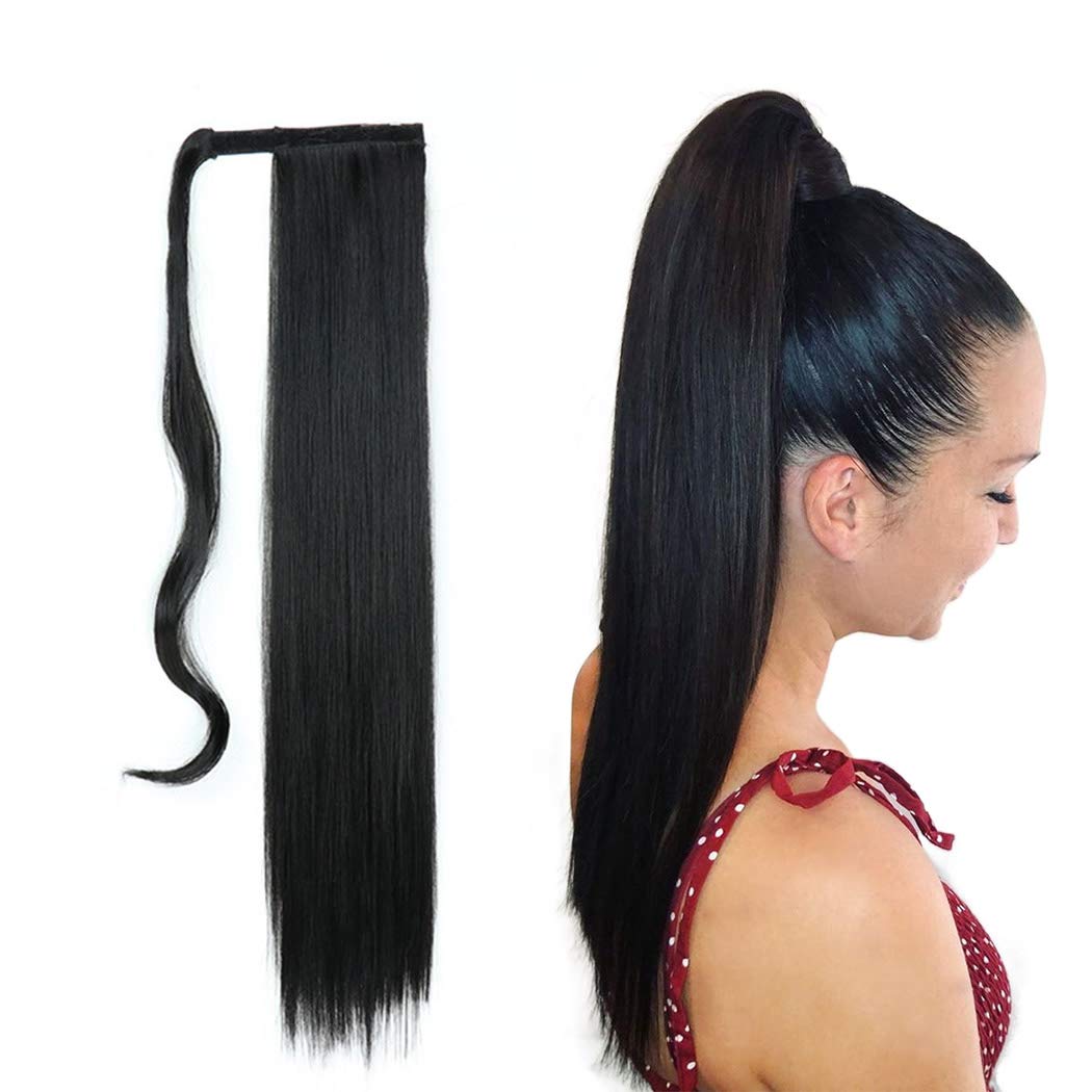 Gangel Ponytail Hair Extension Straight Pony Tails Wrap Around Hairpiece Claw Synbthetic Clip in Long Hair Extensions Magic Drawstring Pony Tail Hair Wraps(1 pc) (Black（1B）)